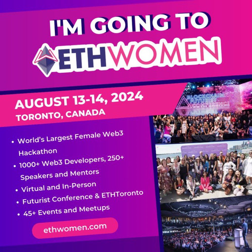 I'm excited to attend the 3rd Annual @Ethereum_Women Hackathon! Looking forward to networking with people from around the world this August 13-14, 2024 in combination with @Futurist_conf and @ETH_Toronto Can’t wait to #BUIDL the future - hope to see you there!