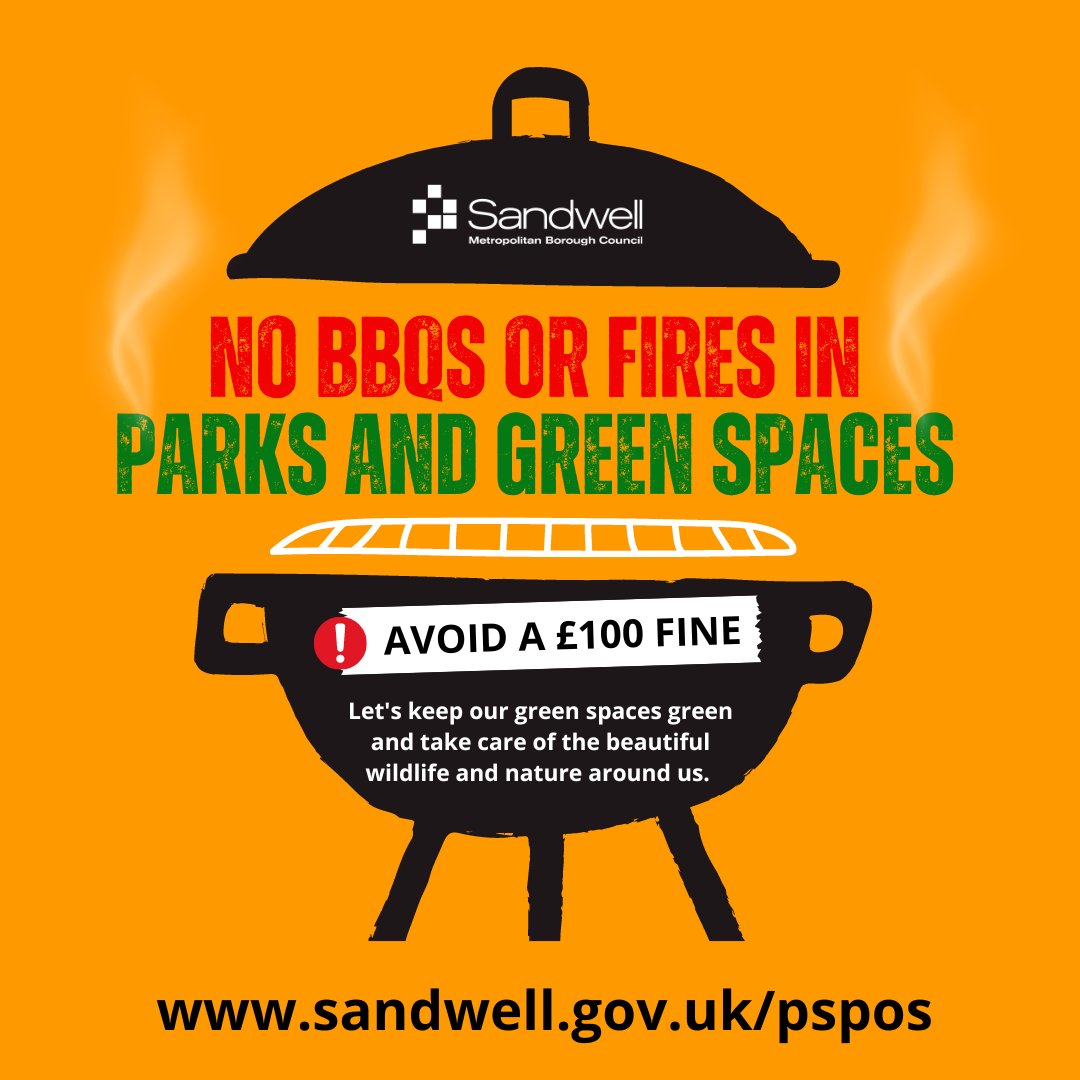 💚 As we make the most of the sun this weekend, please remember BBQs are banned in Sandwell parks and green spaces. 🥪Enjoy a picnic ❌ Not a BBQ! Please put all your litter in the bins or take it home 🚮