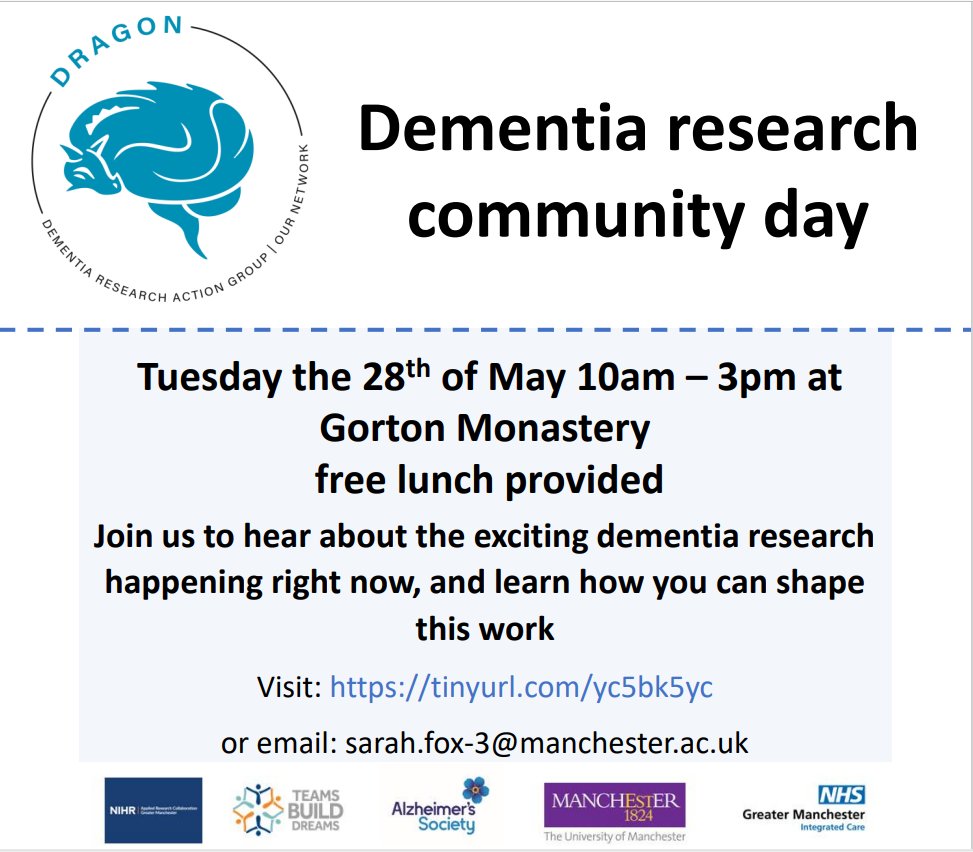 Would you like to learn more about the exciting dementia research happening right now? Join us to hear how you can support research and improve the lives of people affected by dementia: @GortonMonastery 28th May, 10-3pm, lunch provided tinyurl.com/yc5bk5yc