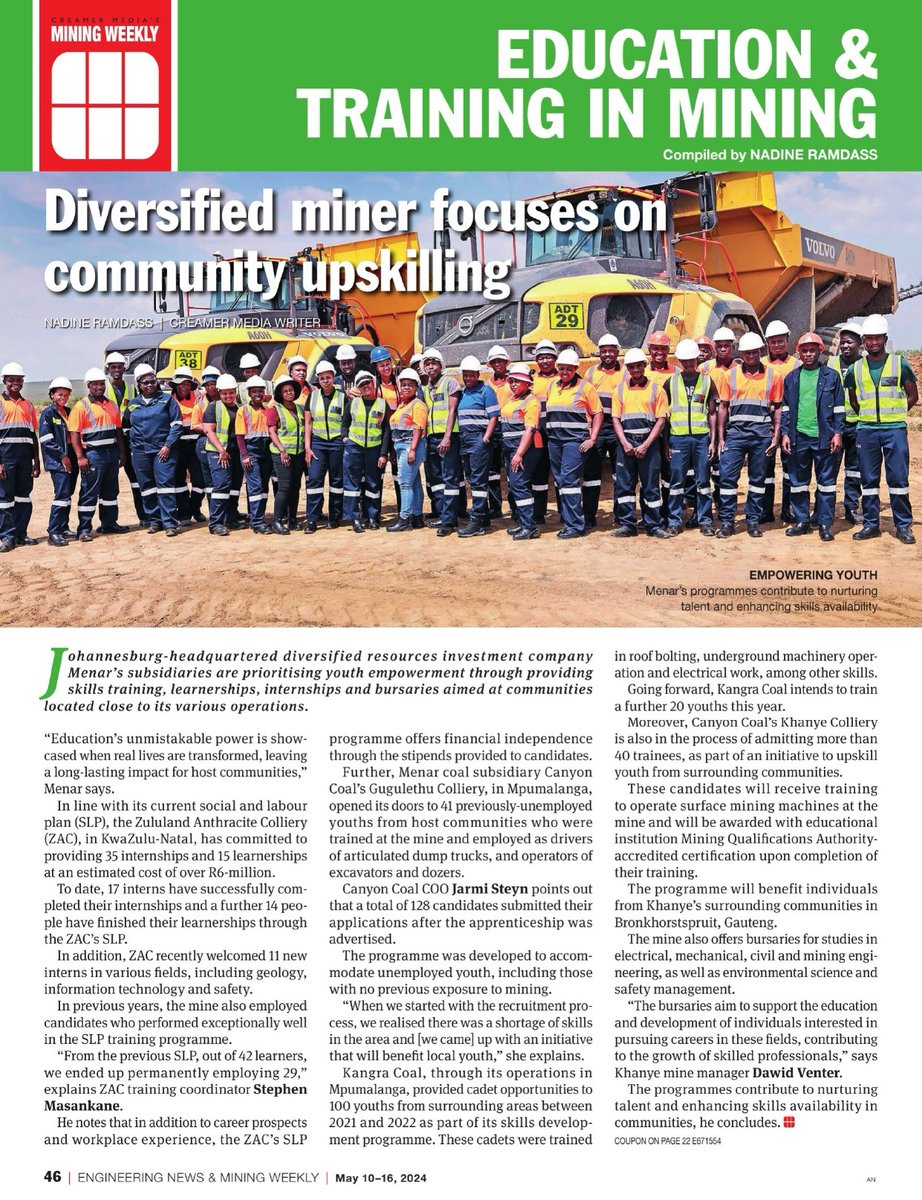 Read about how #menar subsidiaries promote youth empowerment through skills training, learnerships, internships, and bursaries in the latest issue of @MiningWeekly. #menaracademy #kangra #canyoncoal #ZAC
