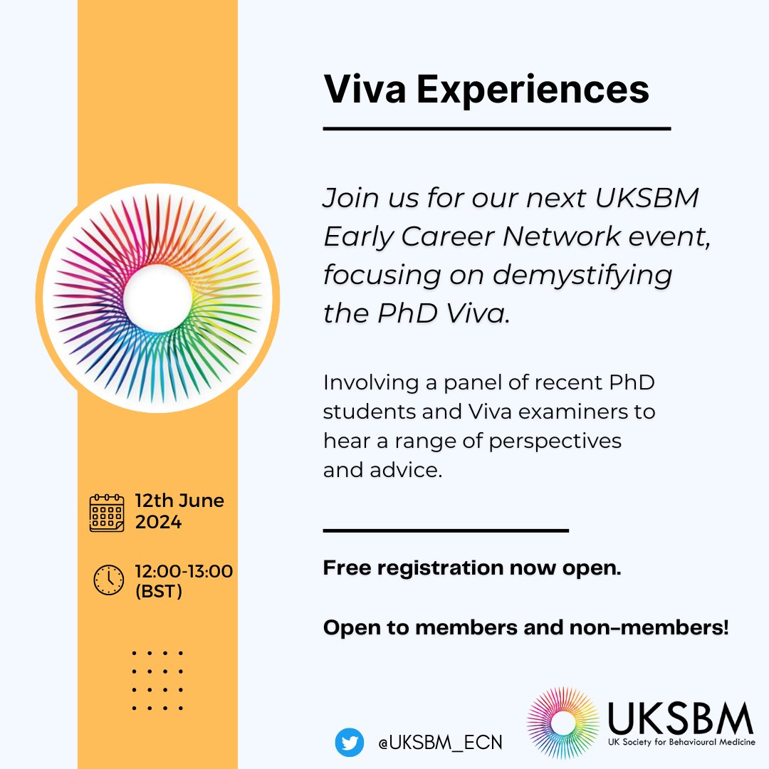 Come & join us for our next UKSBM ECN event as we demystify the PhD viva! Wednesday 12th June, 12:00-13:00, online. 🆓Register here: bit.ly/4b92g0j @UKSBM #ecrchat #phdviva @UKSBM_ECN Pls help to reshare!