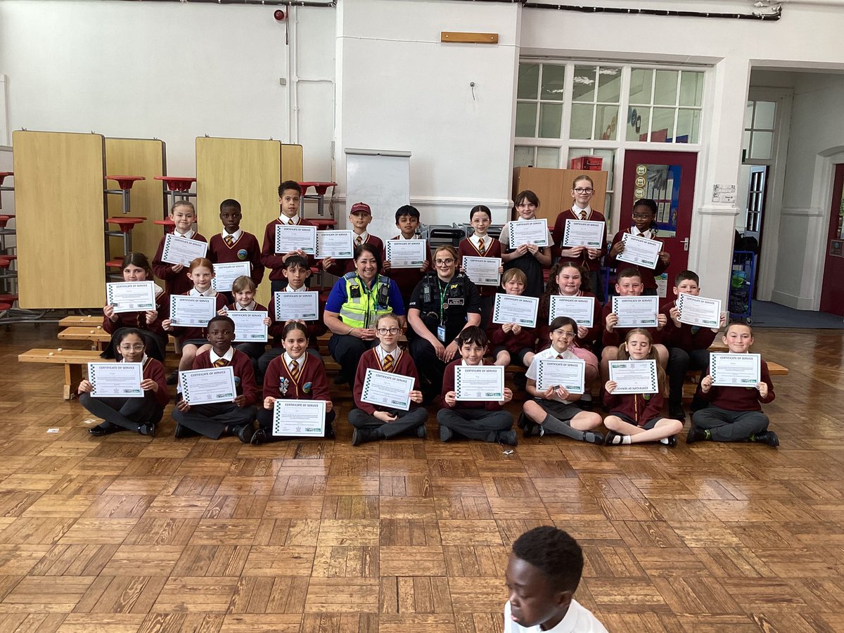 So proud of our Year 5 classes who received their certificates and badges from PCSO Justine Marsh and Sargeant Welch. What super Junior Police Cadets. @stokenorthLPT