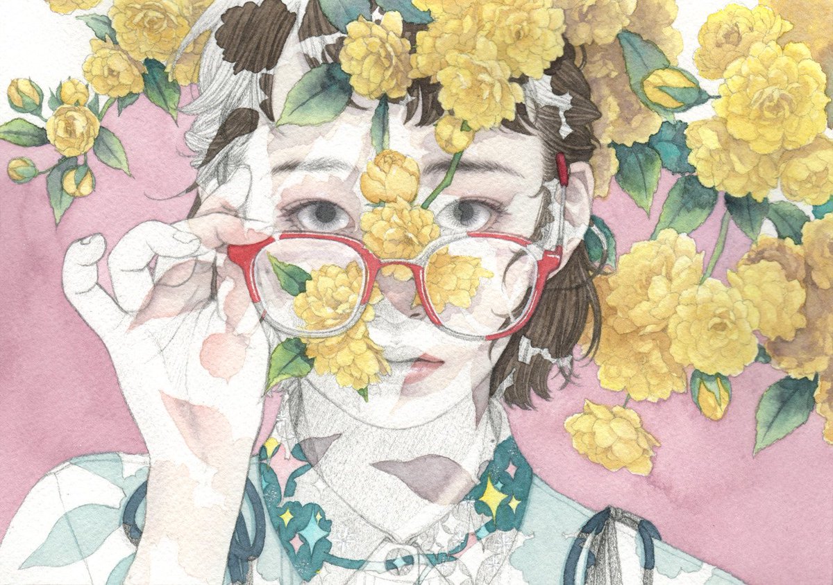 「花影シリーズモッコウバラは眼鏡可愛く描けたと思うクロバナロウバイの方は中性的でか」|朱華のイラスト