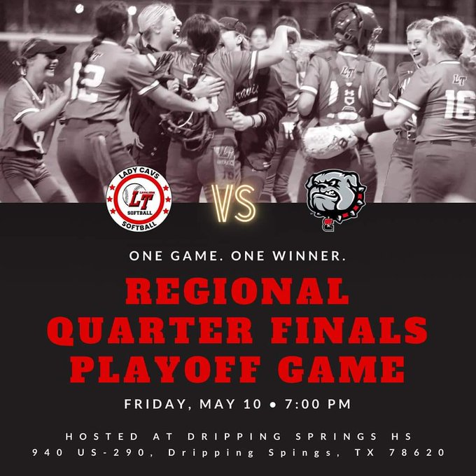 Texas UIL Live Event (@uiltexasevents) on Twitter photo ‼️ Regional Quarterfinals Game ☝️
🆚 Bowie
📆 Friday, May 10
⏰ 7:00 pm
📍 Dripping Springs HS
🎥bit.ly/3WRsErp
<a href="/TXPrep_Softball/">Texas Prep Softball</a> <a href="/LTCavSoftball/">Lake Travis Softball</a> <a href="/CoachAWaddell/">Adam Waddell</a> <a href="/coach_taylor16/">Kaycee Taylor</a> <a href="/coachshirey/">Barrett Shirey</a> <a href="/TrishRealtorATX/">Trish Morrison, Austin Realtor</a> <a href="/PinzonMadison/">MadisonPinzonSoftball</a> <a href="/NatalieGerlach3/">Natalie Gerlach</a> <a href="/vpcjr1980/">Victor Cruz</a> <a href="/CoachAbramsLTMS/">Kayla Abrams</a> ‼️ Regional Quarterfinals Game ☝️
🆚 Bowie
📆 Friday, May 10
⏰ 7:00 pm
📍 Dripping Springs HS
🎥bit.ly/3WRsErp
<a href="/TXPrep_Softball/">Texas Prep Softball</a> <a href="/LTCavSoftball/">Lake Travis Softball</a> <a href="/CoachAWaddell/">Adam Waddell</a> <a href="/coach_taylor16/">Kaycee Taylor</a> <a href="/coachshirey/">Barrett Shirey</a> <a href="/TrishRealtorATX/">Trish Morrison, Austin Realtor</a> <a href="/PinzonMadison/">MadisonPinzonSoftball</a> <a href="/NatalieGerlach3/">Natalie Gerlach</a> <a href="/vpcjr1980/">Victor Cruz</a> <a href="/CoachAbramsLTMS/">Kayla Abrams</a>