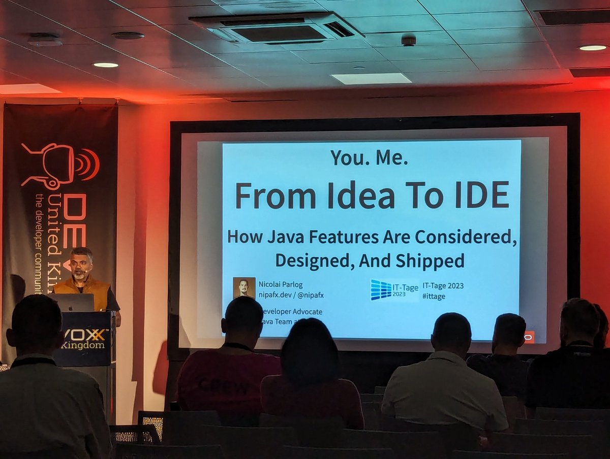 Lukas Pradel (@lukaspradel) on Twitter photo Imposter alert at #DevoxxUK 😱 <a href="/Sharat_Chander/">Sharat Chander @sharatchander.bsky.social</a> stepping in for <a href="/nipafx/">Nicolai Parlog 🇺🇦🕊️</a> with some very interesting behind-the-scenes insights into the development of the #java language. Good stuff! Imposter alert at #DevoxxUK 😱 <a href="/Sharat_Chander/">Sharat Chander @sharatchander.bsky.social</a> stepping in for <a href="/nipafx/">Nicolai Parlog 🇺🇦🕊️</a> with some very interesting behind-the-scenes insights into the development of the #java language. Good stuff!