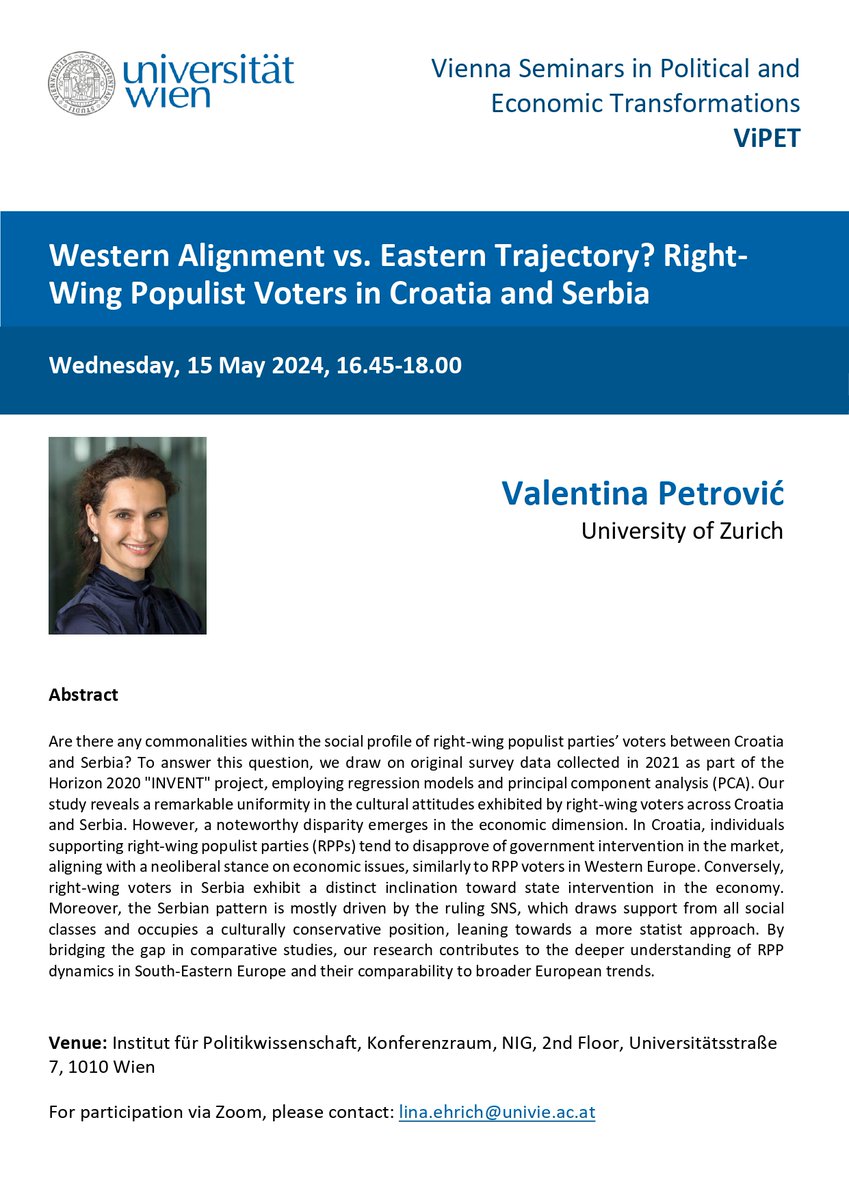 Visnja Vukov (@visnjavukov) on Twitter photo Who votes for the right-wing populist parties in Croatia and Serbia, and how do they compare with broader European trends? Find out at our ViPET seminar with <a href="/Valentina_Ptrvc/">Valentina Petrović</a> next Wednesday at Uni Wien ❗️🔜 Who votes for the right-wing populist parties in Croatia and Serbia, and how do they compare with broader European trends? Find out at our ViPET seminar with <a href="/Valentina_Ptrvc/">Valentina Petrović</a> next Wednesday at Uni Wien ❗️🔜