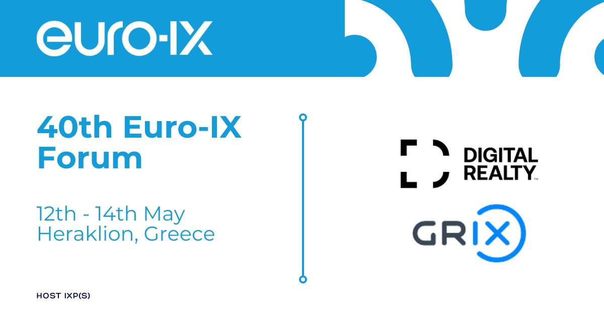 See you at the 40th Euro-IX Forum! Hosted by @digitalrealty and @grnet_gr. With 117 attendees registered from 41 IXPs, we're excited to bring IXP operators together for discussions on all things related to IXPs. #EuroIX #IXP #Networking