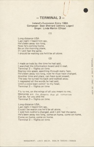 This month 40 years ago, Irish singer Linda Martin came second <a href="/Eurovision/">Eurovision Song Contest</a> in Luxembourg with her song "Terminal 3". Check out her autographed postcard, lyrics and much more at our free exhibition "Society &amp; State - Ireland Through Its Records" <a href="/dublincastleOPW/">Dublin Castle</a>! <a href="/DeptCultureIRL/">Department of Culture, Communications and Sport</a>