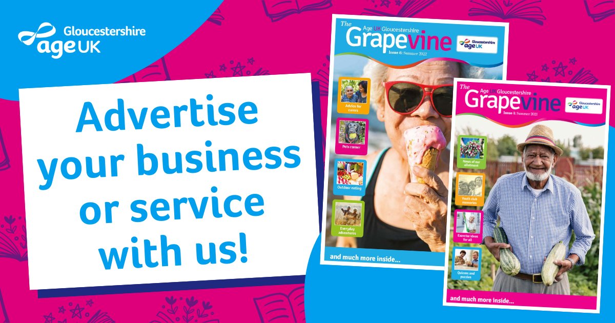 Would you like to advertise your service or business in our popular Grapevine magazine? Distributed to 10k older people and contacts across the whole county, don't miss the opportunity to reach this very targeted audience. More info and rate card: ageuk.org.uk/gloucestershir…