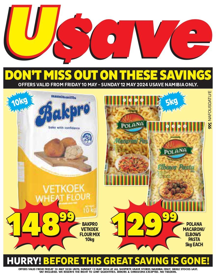 TheNamibian's tweet photo. AD | Save BIG this weekend only! Don’t miss out on our incredible savings at a Usave store near you! 🛒 Valid 10 – 12 May 2024. View more deals: <link> #Usave https://t.co/QTfmtI7nto