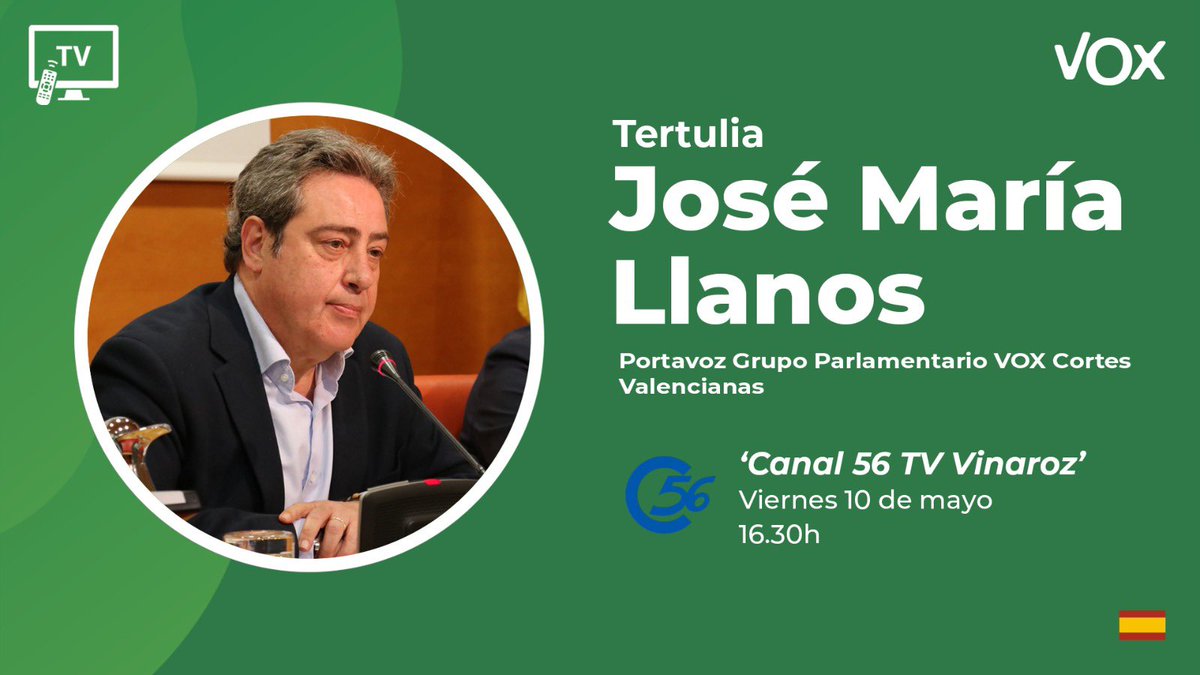 Nuestro portavoz, @JoseMa_Llanos, participa en la tertulia política de Canal 56 TV Vinaroz 🗓️Viernes, 10 de mayo ⏰ 16:30 📺 Canal 56. Lo puedes ver en directo aquí 👇🏼 canal56.com/online/