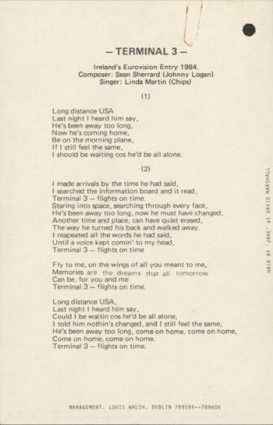 An mhí seo 40 bliain ó shin, tháinig an t-amhránaí Éireannach Linda Martin sa dara háit <a href="/Eurovision/">Eurovision Song Contest</a> in Luxembourg lena hamhrán ‘Terminal 3’. Faigh cárta post sínithe aici, focail amhrán agus go leor eile ag ár dtaispeántas saor in aisce "Sochaí &amp; Stát – Éire trína Taifid"!