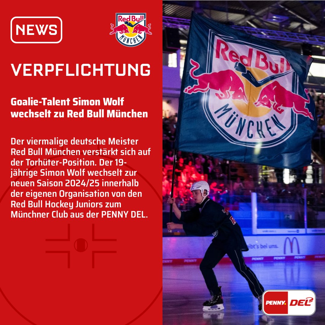 Der viermalige deutsche Meister @RedBullMuenchen verstärkt sich auf der Torhüter-Position. Der 19-jährige Simon Wolf wechselt zur neuen Saison 2024/25 innerhalb der eigenen Organisation von den Red Bull Hockey Juniors zum Münchner Club aus der #PENNYDEL.