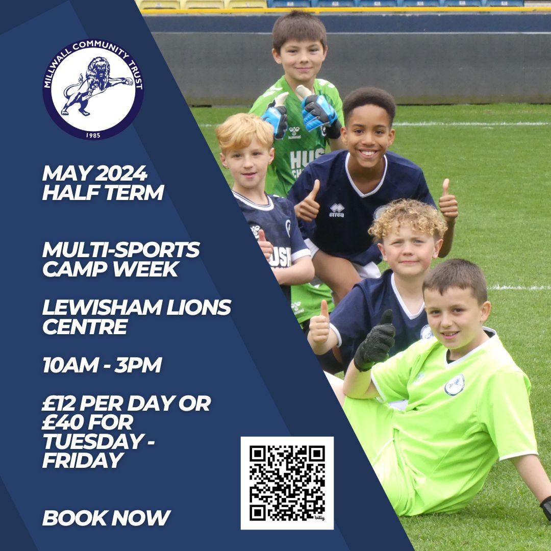 🔜 Our #Millwall Community Trust May Half-Term Holiday Camps are nearly here! 👉 Book St Paul’s Sports Ground - tinyurl.com/yk9rkp7b 👉 Book The Lions Centre - tinyurl.com/8jtus29n #Lewisham #Southwark #Sevenoaks #1Club1Community