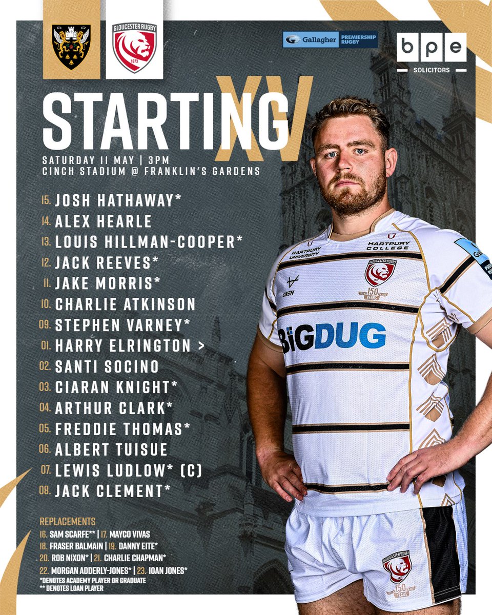 𝗧𝗘𝗔𝗠 𝗡𝗘𝗪𝗦 📋

The Gloucester Rugby side to take on <a href="/SaintsRugby/">Northampton Saints 😇</a> at cinch Stadium @ Franklin's Gardens tomorrow afternoon.

📰 bit.ly/GRteamSaints
🤝 @BPE_Solicitors 

#NORvGLO | 😇🍒