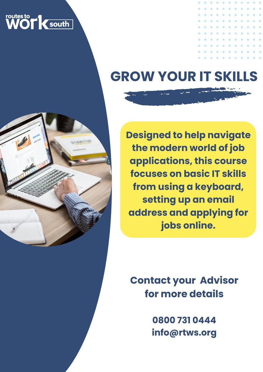 🌟 Ready to enhance your tech prowess with our Grow IT Skills course?
For more details and to register, reach out to your Employment Adviser today!
Haven't signed up yet? Get in touch to discover how we can support your journey into the world of IT.
#ITSkills #TechTraining