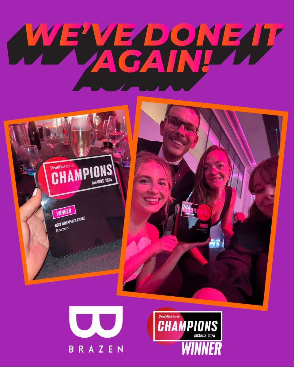 We’ve only gone and won it 🏆
 
Last night we took home the prize for Best Workplace at the prestigious @ProlificNorth Champions Awards! 
 
What a fabulous evening celebrating the North 🧡
 
#WeAreBrazenPr #AwardWinners #ProlificNorth #PNChampionsAwards