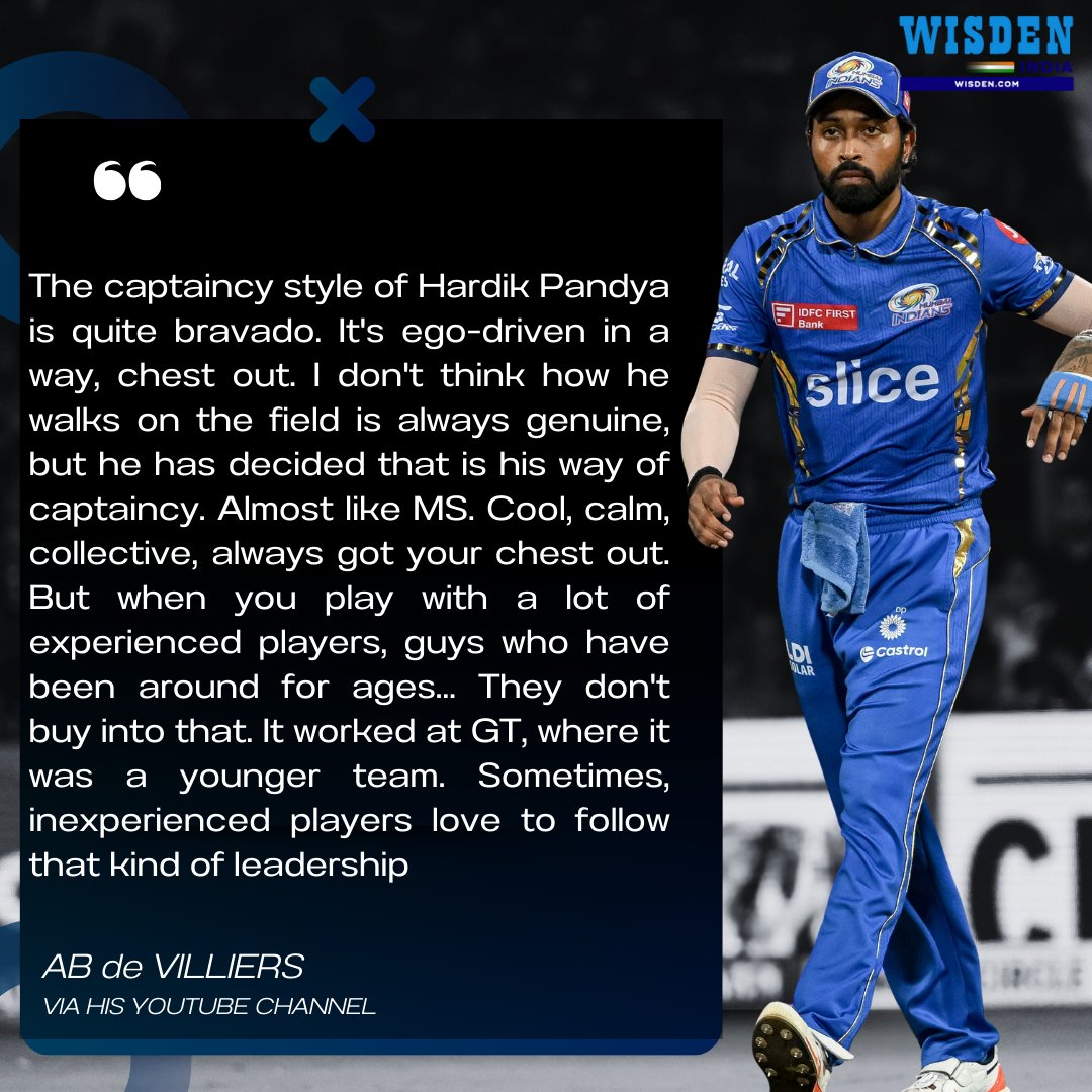 'I don't think how he walks on the field is always genuine, but he has decided that is his way of captaincy.'

Ab de Villiers has expressed his opinions on Hardik Pandya's captaincy for Mumbai Indians in IPL 2024.

#HardikPandya #AbdeVilliers #IPL2024 #Cricket #IPL2024
