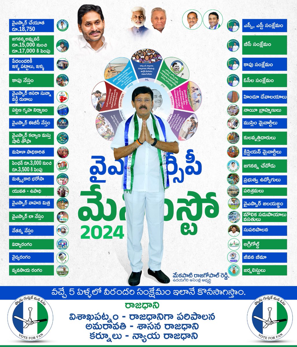 MekapatiYSRCP's tweet photo. వైఎస్సార్‌సీపీ 2024
మేనిఫెస్టో 

#MekapatiRajaGopalReddy #RajaGopalReddy #MekapatiAbhinavReddy #UdayagiriConstituency #TeamMekapati #YSRCongressParty #YSRCPUdayagiri #Udayagiri #Nellore #Siddham #MemanthaSiddham #MaNammakamNuvveJagan #VoteForFan #VoteforRajanna https://t.co/EwEsOGIi5O