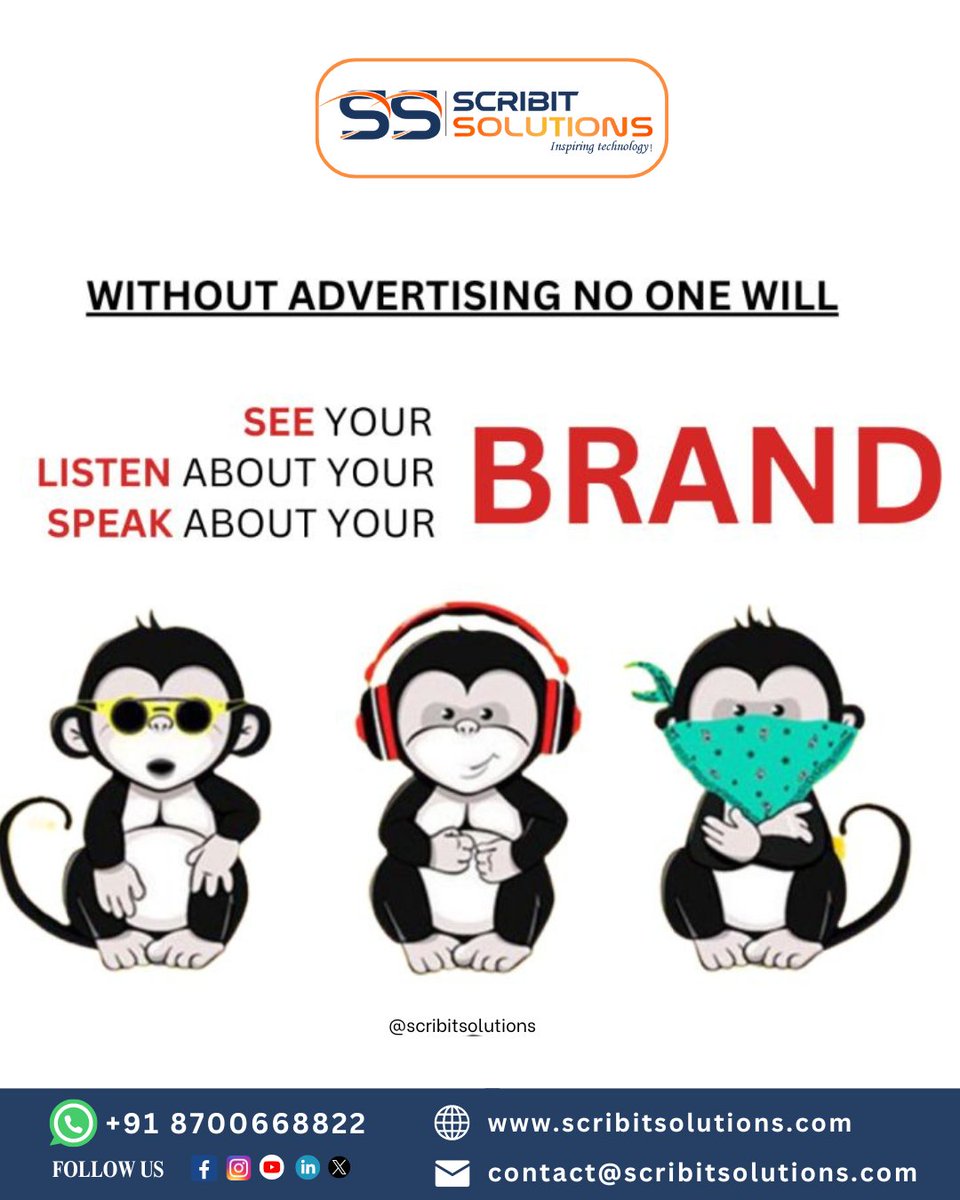 Visibility is key: without advertising, your
brand remains unheard, unseen, and unspoken.
.
.
🌐Visit our website! scribitsolutions.com
OR
👉Enquiry now! wa.me/918700668822

#BrandAwareness #MarketingStrategy
#DigitalAdvertising #Promotion #GetNoticed
#BrandRecognition
