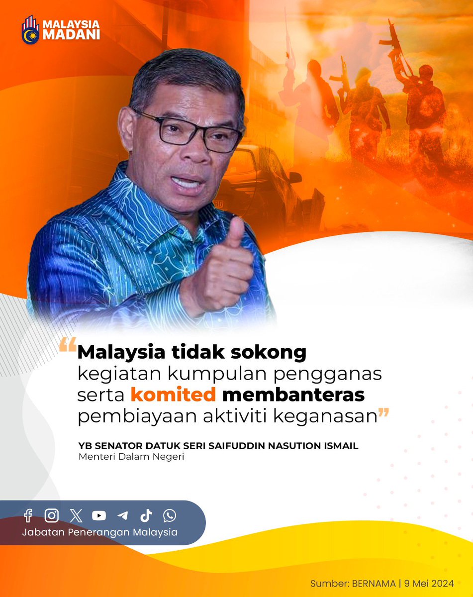 Menteri Dalam Negeri, YB Senator Datuk Seri Saifuddin Nasution Ismail berkata, Kementerian Dalam Negeri (KDN) memahami kebimbangan disuarakan Amerika Syarikat (AS) berhubung dakwaan wujudnya aktiviti penyaluran dana kepada kumpulan pengganas di negara ini. #JabatanPenerangan