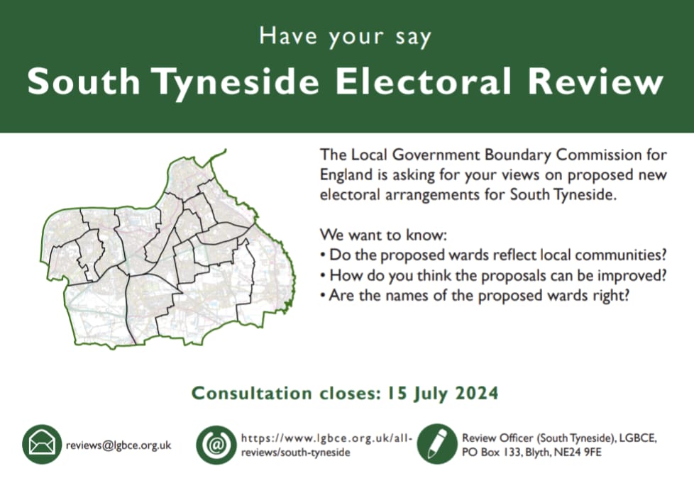 Boundary Commission has published it's South Tyneside New Draft Recommendations. These recommendations review the electoral & boundary arrangements of councils & are open to public consultation. Read more & share your views before the deadline 15th July lgbce.org.uk/all-reviews/so…