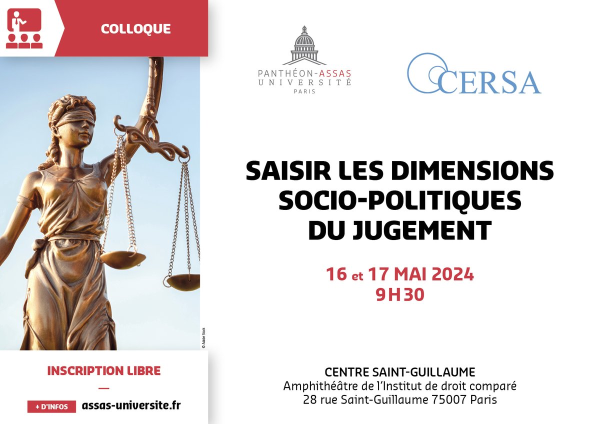 Saisir les dimensions socio-politiques du jugement ⚖ C'est le thème du nouveau colloque du @CERSA_CNRS #ConfAssas 🔗Inscriptions : assas-universite.fr/fr/evenements/… Promis, on vous jugera pas.