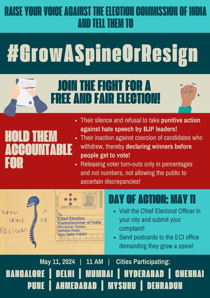 📢 A nationwide call to remind the Election Commission of India of its Constitutional duties and awaken its conscience if any. 🗓️ 11 May 2024 🕚 11 am #GrowASpineOrResign