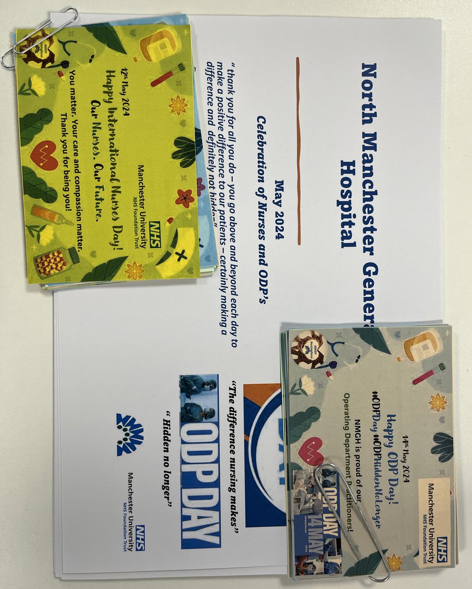 Started the day prepping thank you notes, sweets and certificates to kickstart the celebrations for #NursesDay and #ODPday . Thank you to our fantastic colleagues for the care and compassion for our patients @NorthMcrGH_NHS @kathryn1k @AkweiChrissy @paulawooparr @LeonardLero