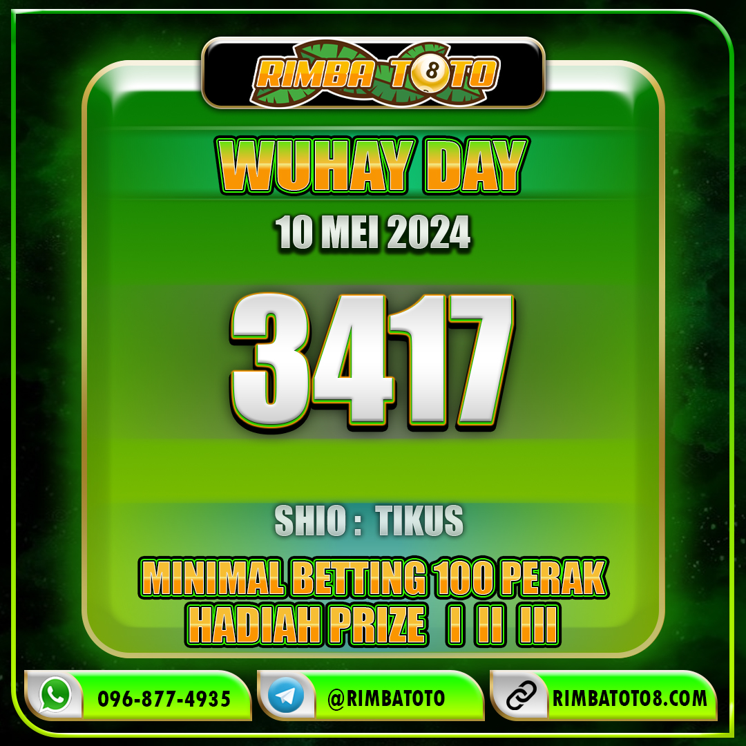 Hasil Togel hari 10 MEI 2024
Pasaran : WUHAI DAY
Result : 3417
SHIO : TIKUS
#rimbatoto #togelonline #togeljitu #togelhongkong #togelsgp #togelsydney #resulttogel #resulthk #resultsgp #resultsydney #Datahk #datasgp #datasydney #keluarantogel #keluaranhk #keluaransgp #angkajitu