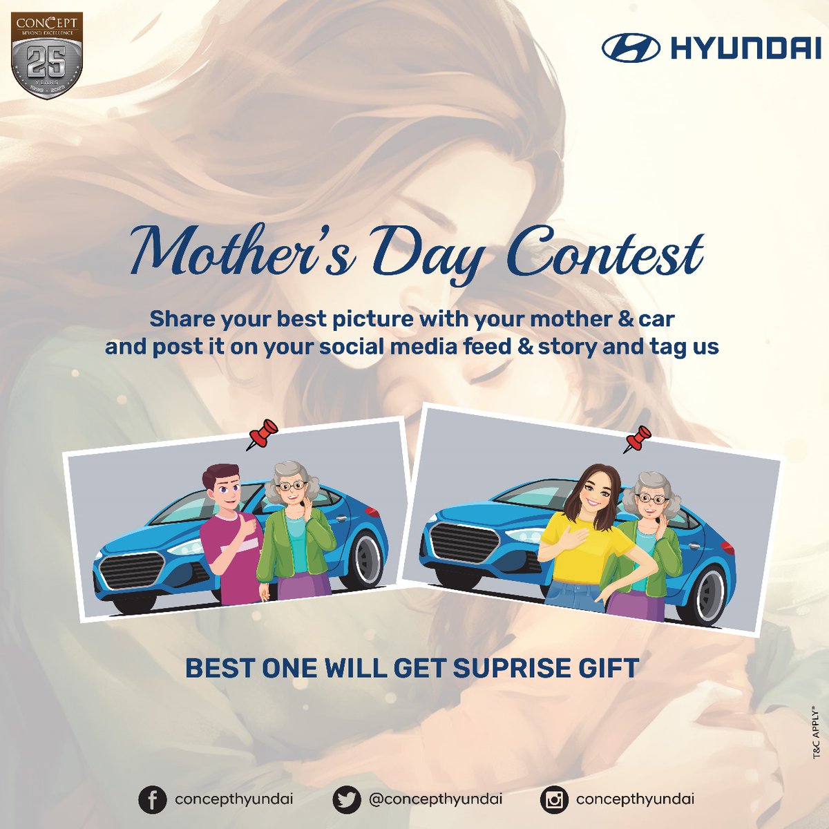 Mothers Day Contest!!! Capture a Moment of Pure Joy with your mother and Your Car! Share it on Your Feed & Story,Tag Concept Hyundai, The Most Heartwarming picture wins a Special Surprise Gift #ConceptHyundai #ConceptGroup #MothersDayContest #ContestTime #mothersdayspecial