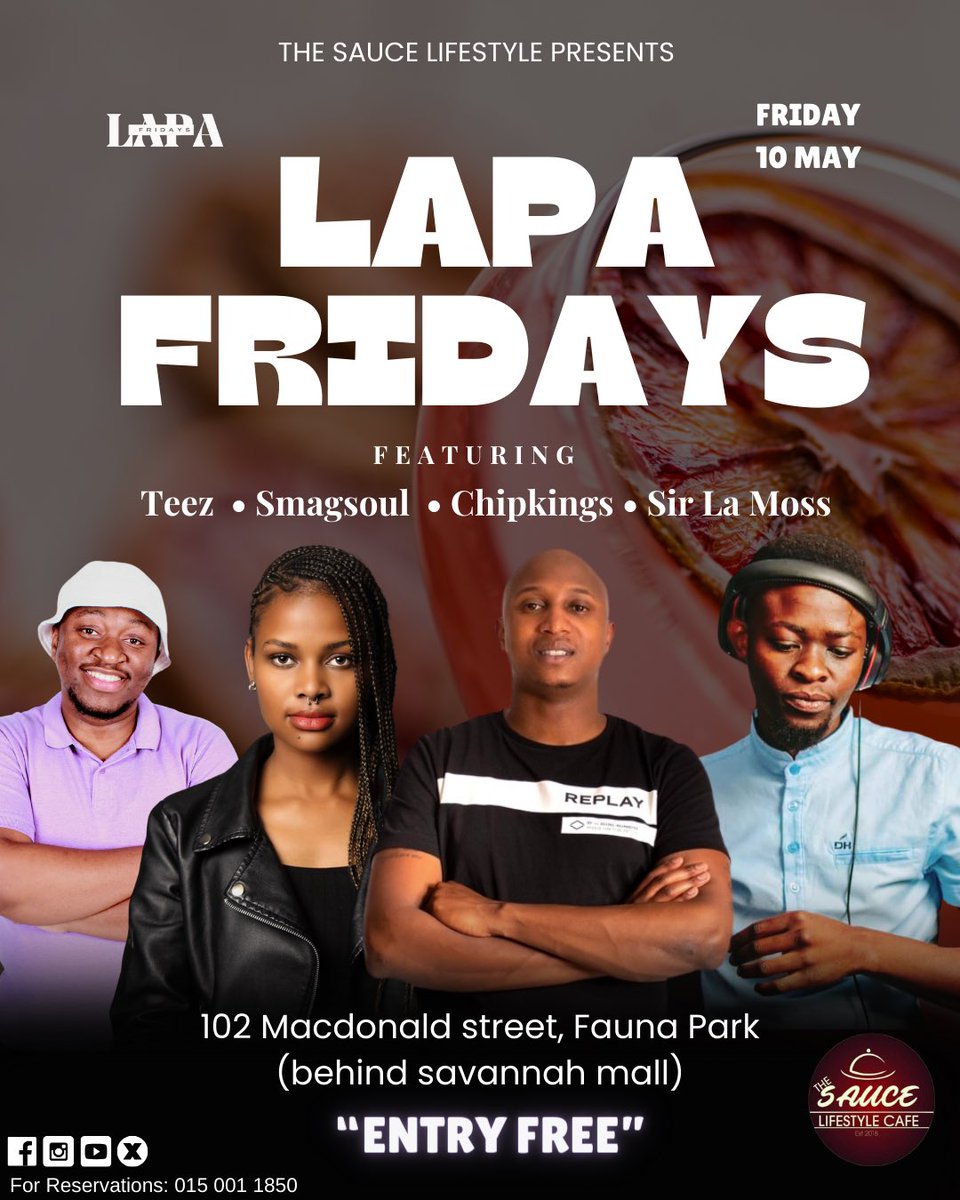 A GOOD FRIDAY DESERVES DEEP MUSIC 🔥🔥🔥 Get lost in the rhythm of soulful music with us on Friday, 10th of May 2024 for our #LapaFridays Featuring: @chipkings_ @smagsoul_ @teeztumi @sir_la_moss . . #thesaucelifestyle #goodvibes #deephouse #fridaysession #polokwane