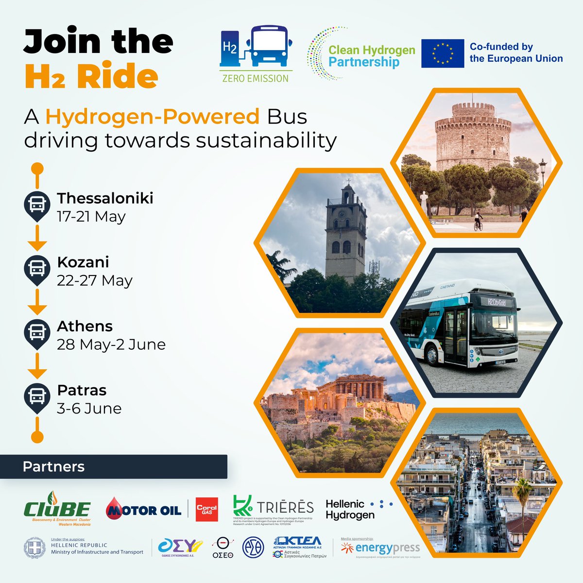 🗾The third JIVE Roadshow, which promotes the beneficial effects of clean energy mobility, is taking place in Greece from May 17 to June 6.
@Fuelcellbus @CleanHydrogenEU 

 #JIVERoadshow #CleanEnergyMobility #HydrogenInnovation #SustainableTransport #GreenHydrogen #HydrogenBus