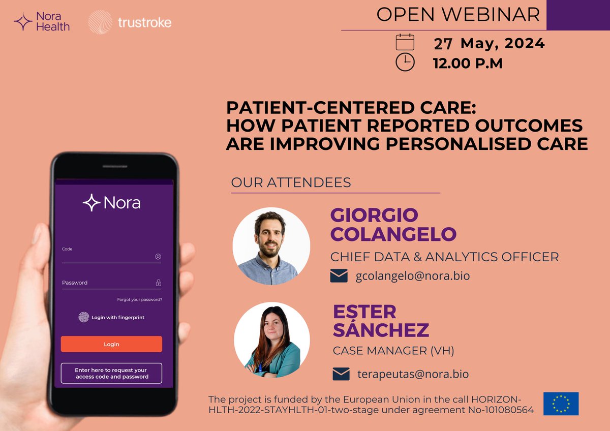 #WebinarAlert Don't miss our upcoming webinar. 
This time, our partners from @NoraHealth will be sharing on 27th May, their experience with patient-centered and personalized care, with a focus on #stroke and patient-reported outcomes. Free registration at: gencat.zoom.us/webinar/regist…