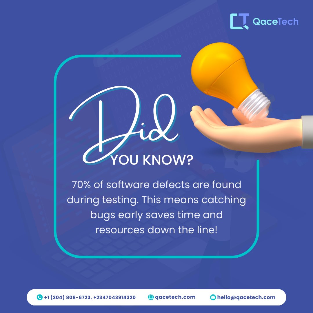 Early Detection is Key! 

Bugs found during testing are 20-50 times cheaper to fix compared to after release.

Like and follow us for more tech related content.

#cybersecurity #qacetech #software #testing #traning #education #edutech #career #softwareengineer #softwaretesting