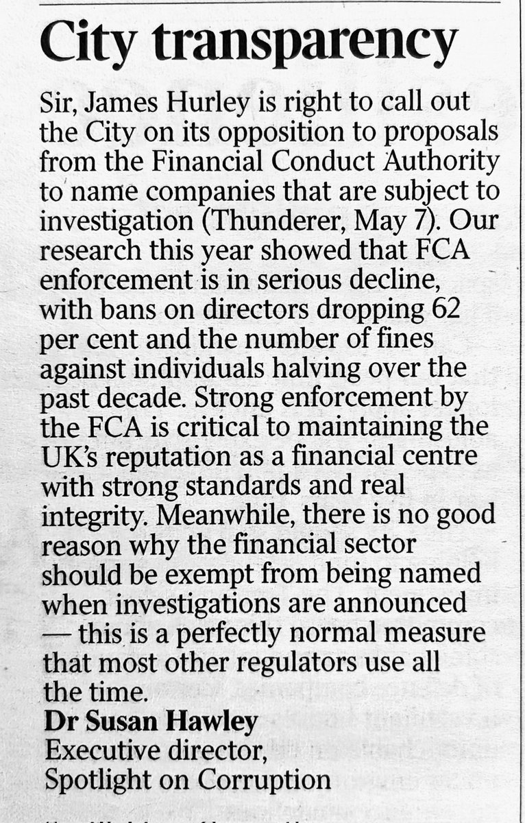 For once, @TheFCA is right. The government should ignore the City of London’s clarion calls about this modest proposed move towards a modicum of transparency. Great letter to The Times by @susanpjhawley.