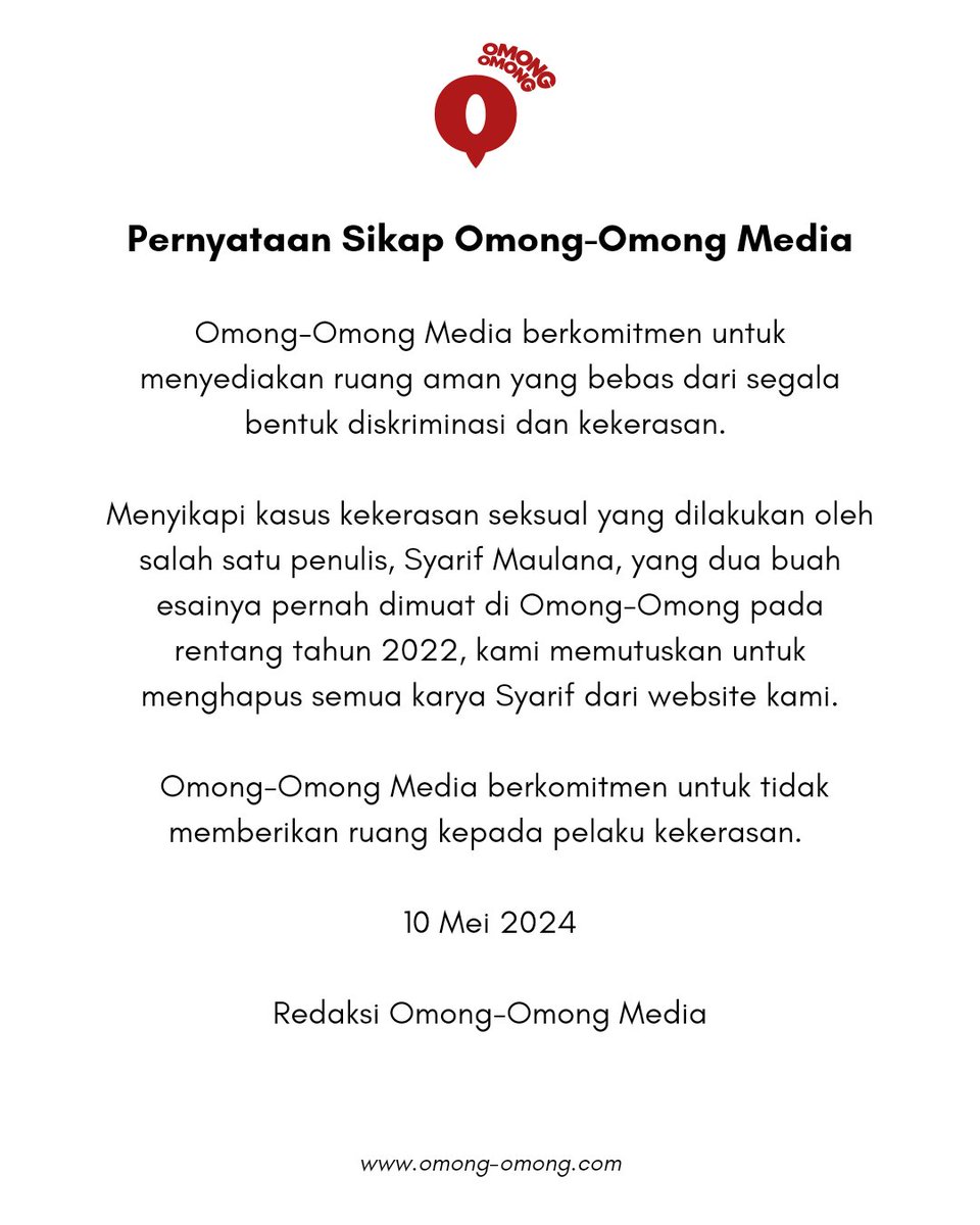 Pernyataan sikap Omong-Omong Media atas kasus kekerasan seksual yang dilakukan oleh salah satu penulis, Syarif Maulana. Kami memutuskan untuk menghapus semua karya Syarif dari website kami. Omong-Omong Media berkomitmen untuk tidak memberikan ruang kepada pelaku kekerasan.…
