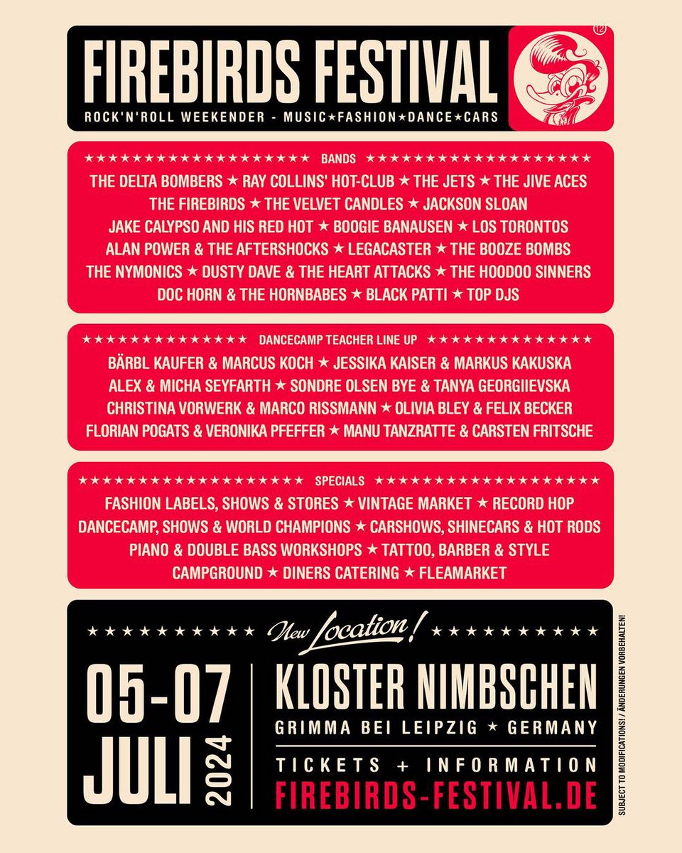Damen und Herren, it has been ages since we played Germany and we are excited to be playing this year's @FbFestival in Leipzig with an amazing lineup on Fri 5 Jul. Tickets firebirds-festival.de. #rocknroll #swing #jazz #rhythmandblues #germany #rockabilly #1950s #festival