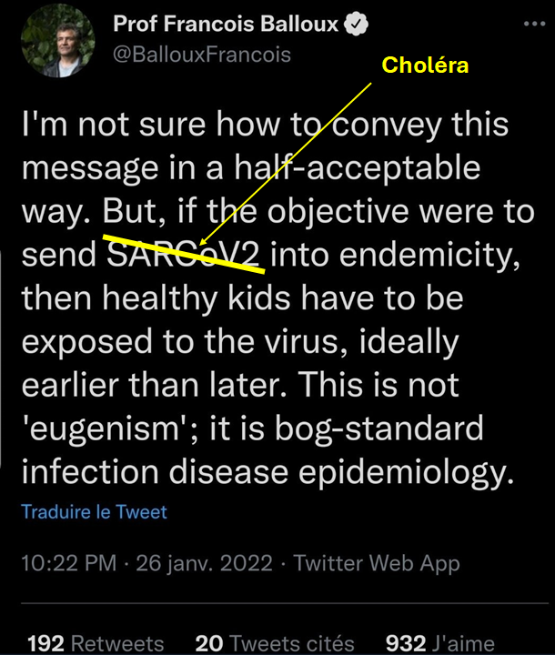 Puisqu'il avait dit 'bog standard epidemiology', on peut changer le pathogène, et donc appliquer ce 'bog standard' au choléra. Si mon tweet vous choque, alors ce n'est peut-être pas tant 'bog standard' que ça, ou ce 'bog standard' est un peu eugéniste sur les bords 🤷‍♂️