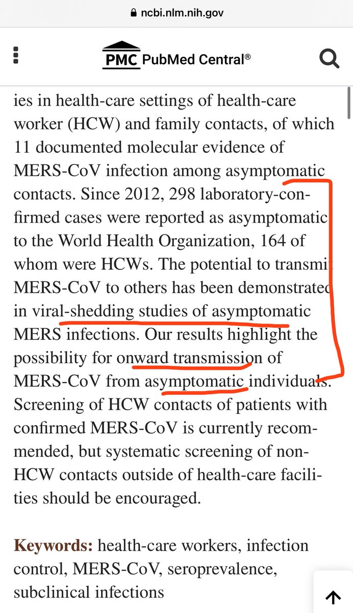 4) ASYMPTOMATIC TRANSMISSION of MERS coronavirus is also very real. It has already been established as likely in past MERS studies. Just like COVID, we can’t wait to merely mask only when symptomatic. Masking in hospitals 🏥 especially important. ncbi.nlm.nih.gov/pmc/articles/P…