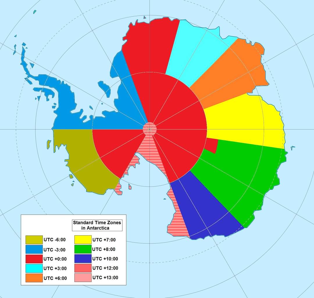 Map showing time zones in Antarctica. Antarctica sits on every line of longitude so theoretically Antarctica would be located in all time zones. However for practical reasons time zones are usually based on territorial claims