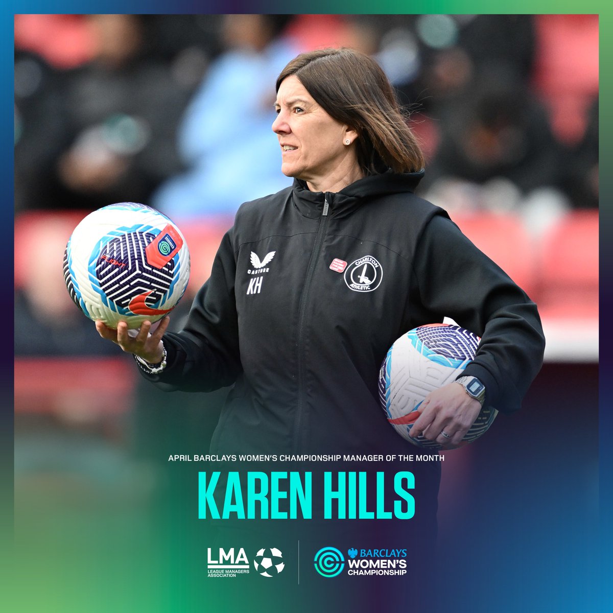 Karen Hills is the April 2024 LMA Manager of the Month for the Women’s Championship! #BarclaysWC @CAFCWomen