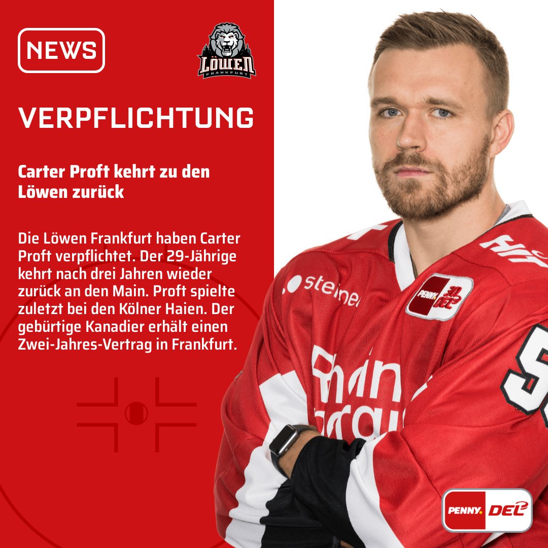 Die @loewenfrankfurt haben Carter Proft verpflichtet. Der 29-Jährige kehrt nach drei Jahren wieder zurück an den Main. Proft spielte zuletzt bei den Kölner Haien. Der gebürtige Kanadier erhält einen Zwei-Jahres-Vertrag in Frankfurt. #PENNYDEL