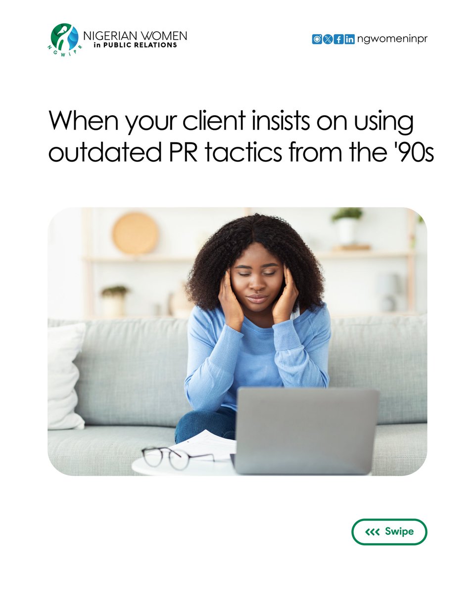 NGWomeninPR's tweet photo. The PR business comes with so many unexpected challenges. How do you handle situations like these? Share in the comment section👇🏾

And don’t forge to register for the #PRBusinessTraining, Don’t miss out on this opportunity to upscale your business.

#NigerianWomeninpr #prstories https://t.co/JVqKOZRRHz