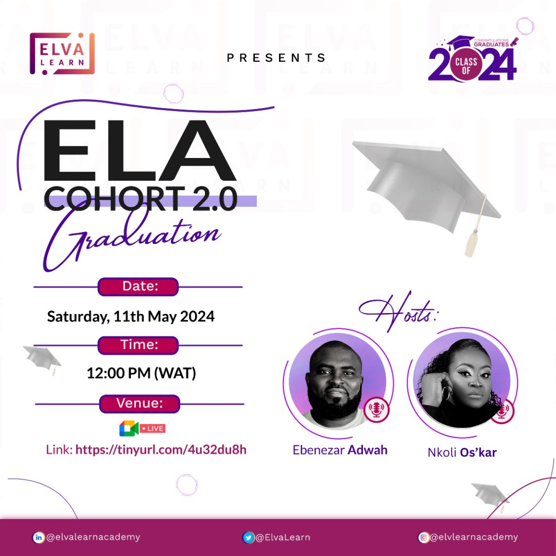 Get ready to unleash the future! Join us as we celebrate the launch of our 2nd ELA Cohort into the world of possibilities! 

RSVP to the virtual graduation ceremony here: lu.ma/iyhxmt19 #ELAGraduate #ElvaLearnAcademy #ELA2024 #ELACohort2