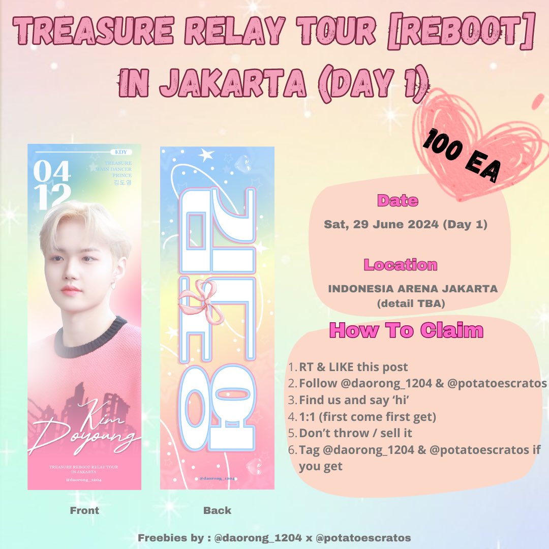 ➿TREASURE RELAY TOUR[𝗥𝗘𝗕𝗢𝗢𝗧] in JAKARTA FREEBIES ➿
by @daorong_1204 & @potatoescratos 

✨help RT & LIKE this post
✨strictly 1:1(ltd qty)

📍INDONESIA ARENA JAKARTA
🗓️Sat, 29 June 2024 (day 1)
⏰ TBA

See ya teume~
#TREASURE_REBOOTinJKT
#TREASURE_REBOOT_IN_JAKARTA