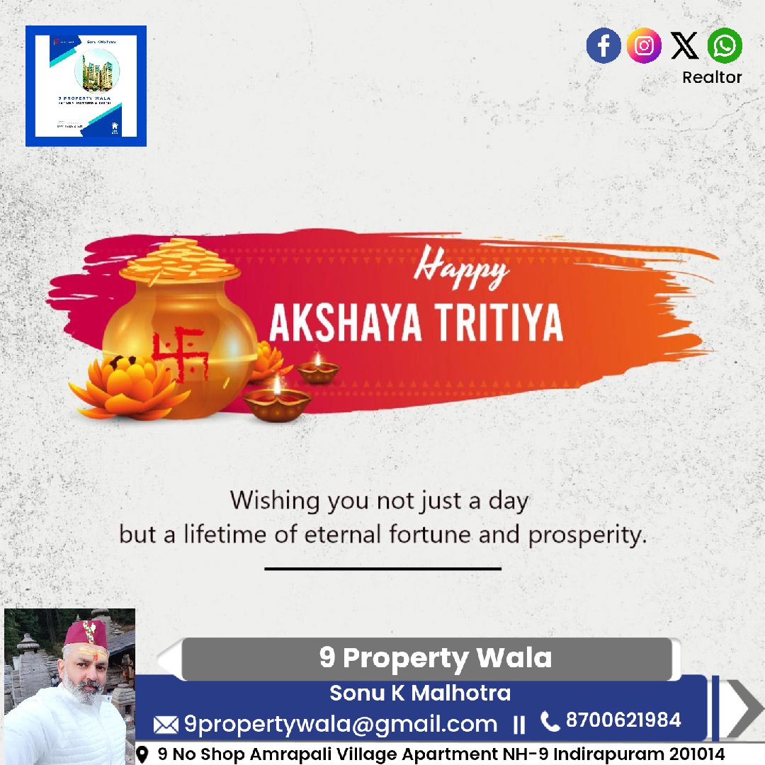 Happy Akshaya Tritiya! May this auspicious day bring you prosperity, happiness, and success in all your endeavors! 🤙 9311632755 #9propertywala #2bhk #3bhk #flat #penthouse #shop #office #Indirapuram #home #realestate #realtor #realestateagent #property #investment