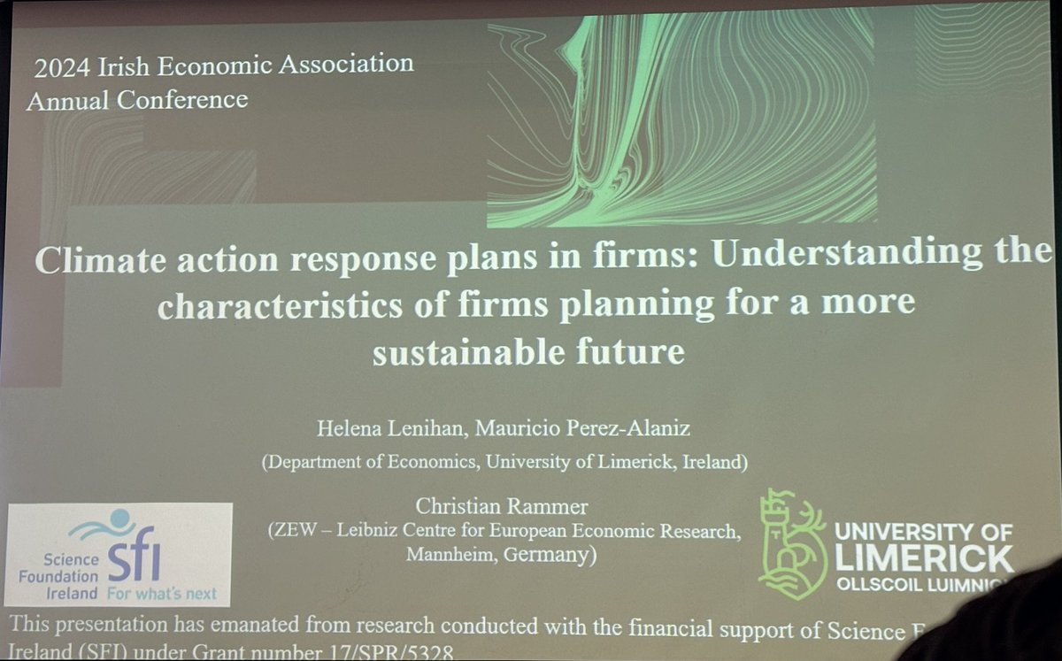 Great to see @PerezalanizM present our research on climate action response plans in firms at the @IrishEconAssoc conference today from my @scienceirel funded project. Joint research with Christian Rammer @ZEW_en @BusinessAtUL @UL_Research