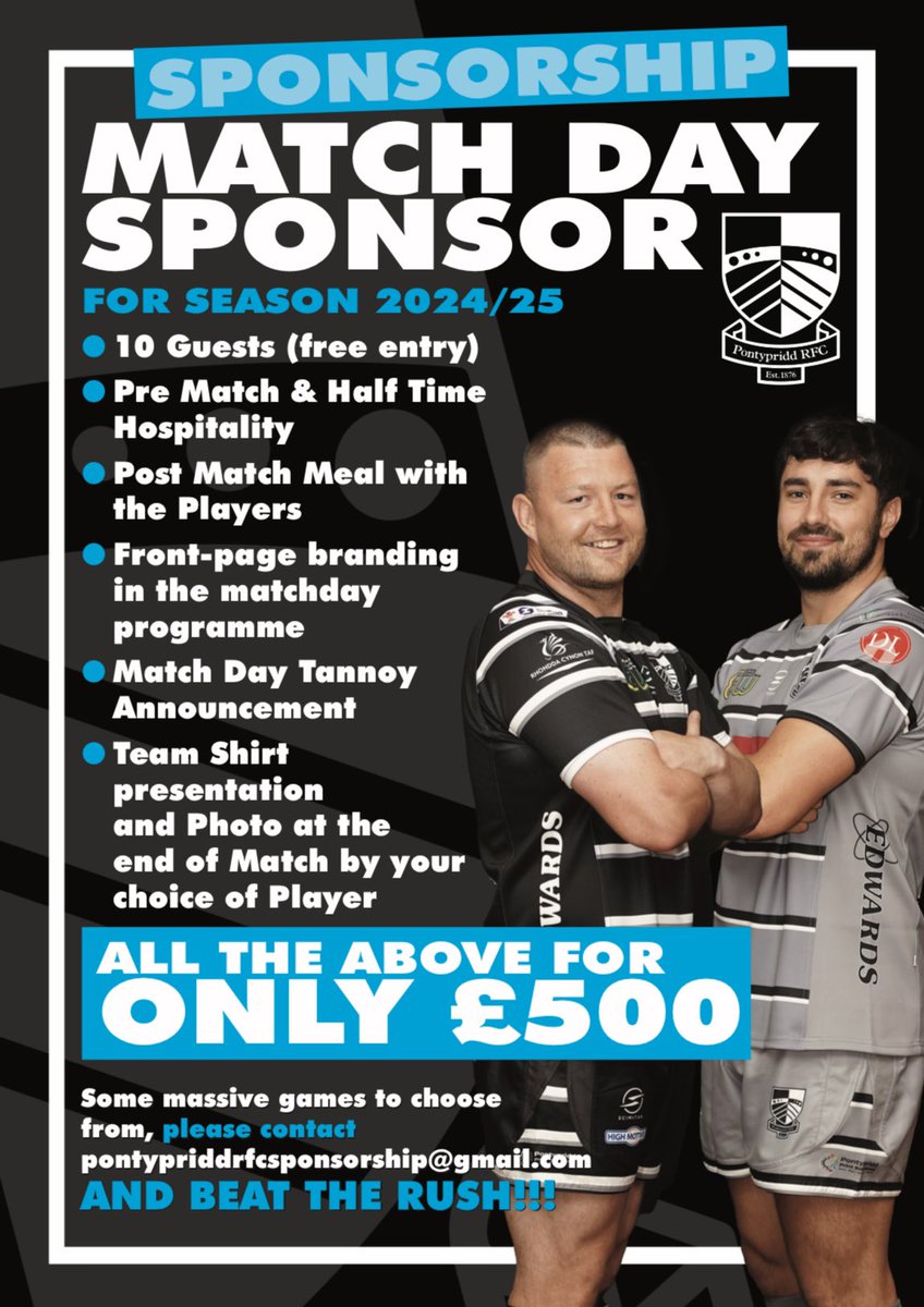 Pontypridd RFC (@pontypriddrfc) on Twitter photo ๐ ๐๐ง๐๐ ๐๐๐ฌ ๐ฆ๐ฃ๐ข๐ก๐ฆ๐ข๐ฅ๐ฆ๐๐๐ฃ ๐๐ข๐ฅ 2๏ธโฃ0๏ธโฃ2๏ธโฃ4๏ธโฃ/2๏ธโฃ5๏ธโฃ
Ahead of the new season we are offering a fantastic Match Day Sponsorship package for the 2024/25 campaign ๐ค
Check out the graphic below for all the details โฌ๏ธ
๐๐ ponty.net/match-day-sponโฆ
#WeArePonty ๐ค๐ค ๐ ๐๐ง๐๐ ๐๐๐ฌ ๐ฆ๐ฃ๐ข๐ก๐ฆ๐ข๐ฅ๐ฆ๐๐๐ฃ ๐๐ข๐ฅ 2๏ธโฃ0๏ธโฃ2๏ธโฃ4๏ธโฃ/2๏ธโฃ5๏ธโฃ
Ahead of the new season we are offering a fantastic Match Day Sponsorship package for the 2024/25 campaign ๐ค
Check out the graphic below for all the details โฌ๏ธ
๐๐ ponty.net/match-day-sponโฆ
#WeArePonty ๐ค๐ค
