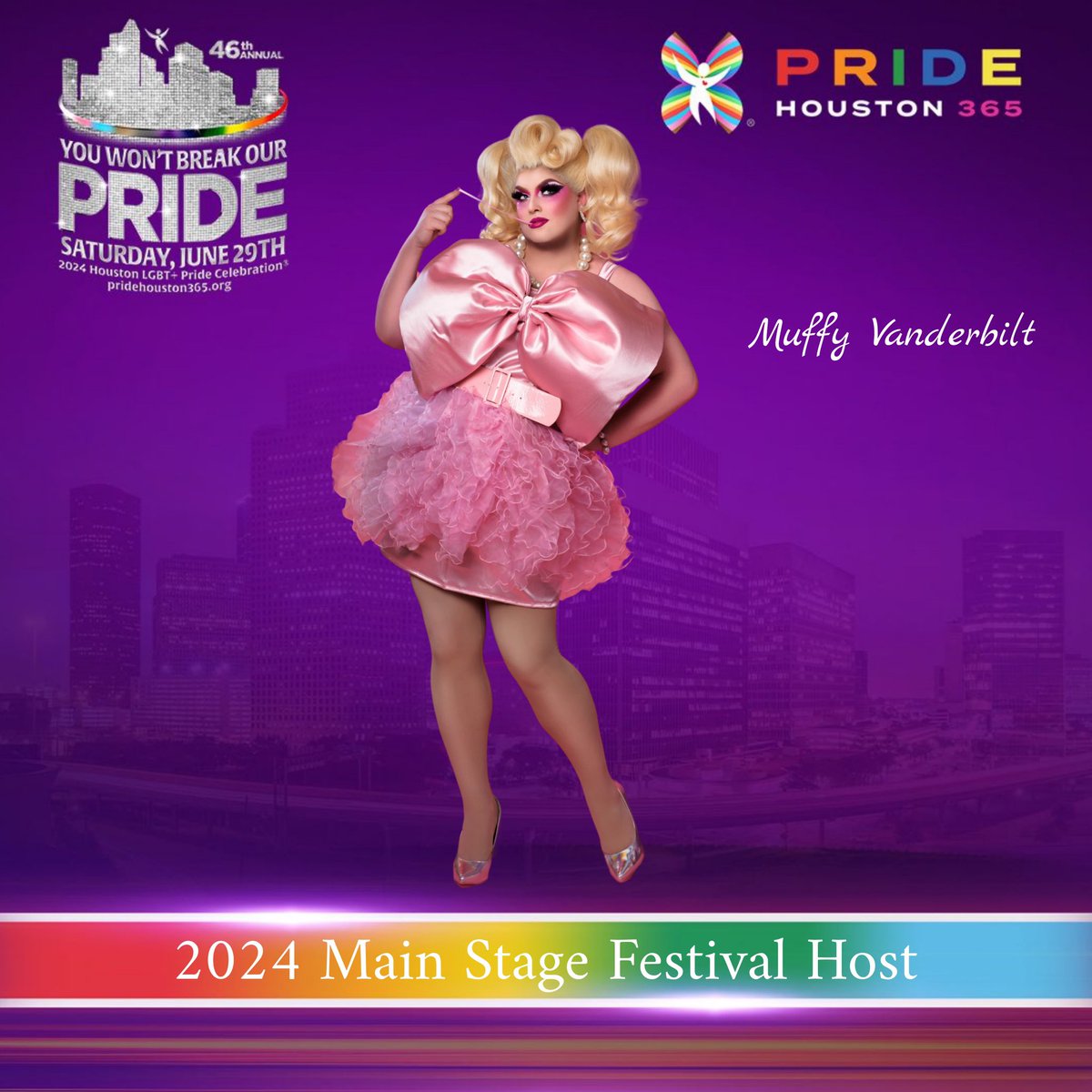 Muffy Vanderbilt, aka “the Texas Toddler” 🌈✨will be gracing this year’s Pride Houston 46th Annual Celebration: Festival and Parade as main stage Festival Host!